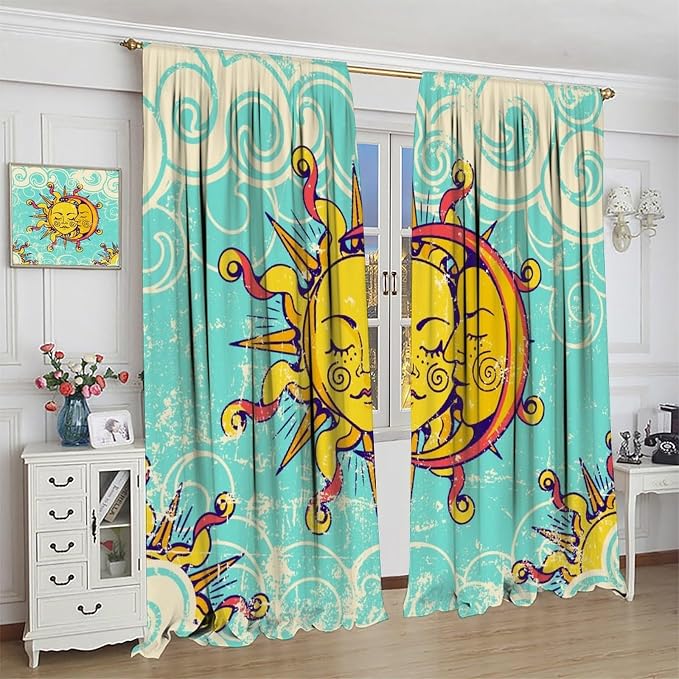 Retro Bohemian Sun Moon Blackout Curtains, Boho Sun Moon Stars Art Rustic Farmhouse Window Drapes, for Living Room Bedroom 63x72in 2 Panels