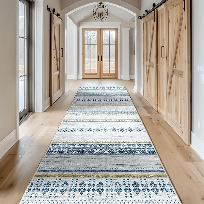 BESTSWEETIE 2x6 Area Rugs for Living Room Washable Moroccan Farmhouse Neutral Geometric Low Pile Non-Slip Soft Print Pattern Rug for Bedroom Kitchen Dining Room Entryway Blue/Brown