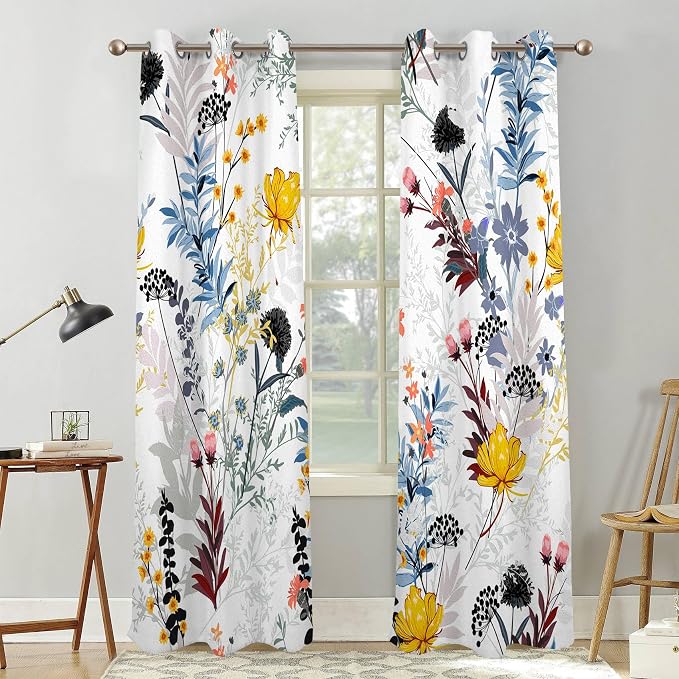 Renaiss Botanical Plants Blackout Curtains, Wild Flowers Plants Print Thermal Insulated Bedroom Window Curtains, Boho Floral Window Drapes for Living Room, 84" L x 42" W 2 Panel Set