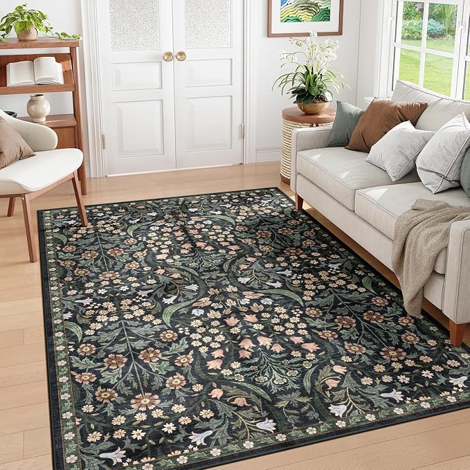 8x10 Washable Area Rug for Living Room, Floral Non-Slip Non-Shedding & Easy Care Soft Low Pile Forest Boho Indoor Floor Carpet for Living Room Bedroom Farmhouse Dining Room Kids Playroom Black