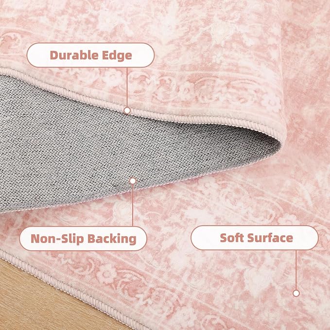 FROZZUR Boho Pink Area Rug 8x10 Large Vintage Rug for Living Room Bedroom Dining Table, Non Slip Distressed Washable Rugs for Home Office Decor Pink
