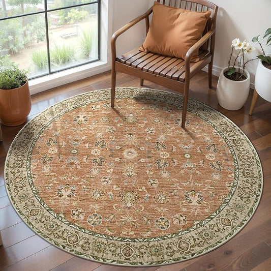 Tangsoo Vintage Round Rug 4ft Washable Circle Rug, Non Slip Small Terracotta Round Rug, Low Pile Floral Circular Rugs, Machine Washable Round Carpet for Bedroom,Entryway,Nursery,Dorm,Kitchen,Office
