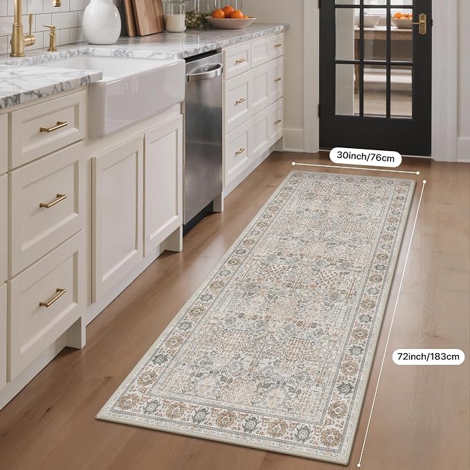 Bavni 2'6''x6 Rug Runners for Hallways, Washable Runner Rug Non Slip, Vintage Floral Print Style Rugs for Bedroom-Lightweight Low Pile Carpet for Hallways Bathroom, Beige Gery