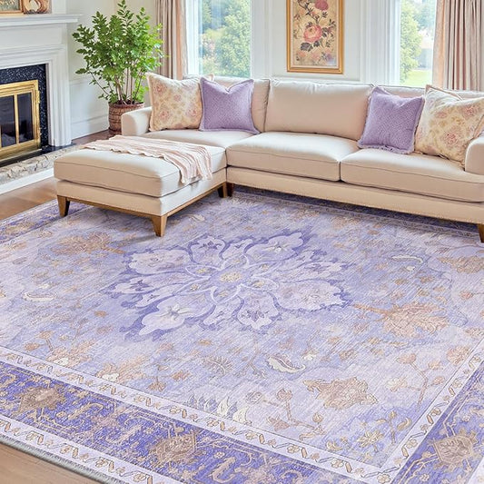 RELEANY Area Rugs 7'x10' Washable Non-Slip, Floral Vintage Distress Medallion Carpet for Living Room Bedroom Dining Room, Light Purple Brown