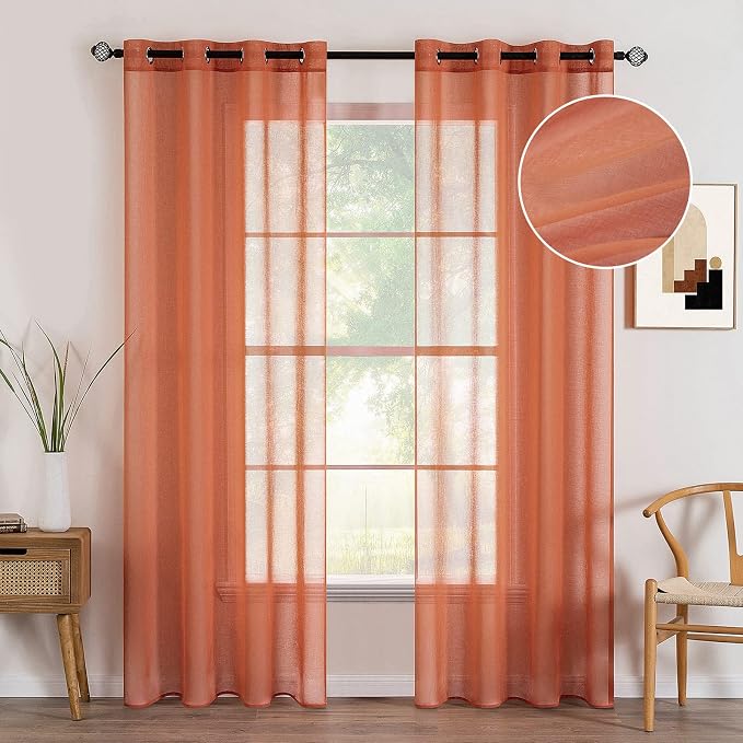 MIULEE 2 Panels Burnt Orange Semi Sheer Window Curtains - Elegant Grommet Top Voile Panels/Drapes/Treatment - Linen Textured for Bedroom Living Room Fall Decor (54X96 Inches)