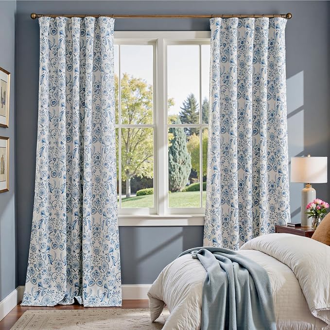 jinchan Floral Blackout Curtains for Bedroom Living Room 96 Inches Length Farmhouse Curtains Room Darkening Vintage Drapes Traditional Rod Pocket Window Treatment 2 Panels Set Blue on Beige