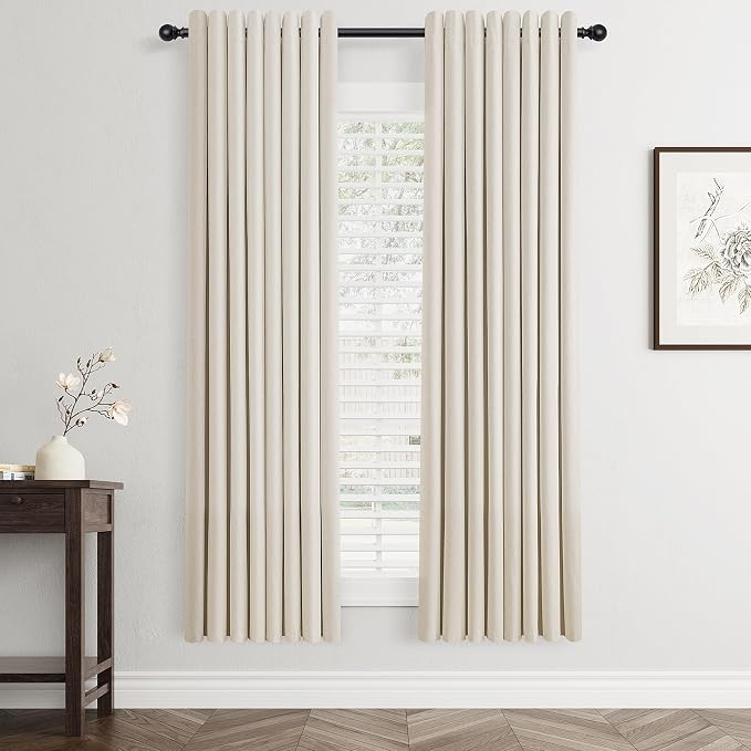 Jowels Beige Linen Blackout Curtains 68 Length 2 Panels Set for Living Room Bedroom, 100% Black Out Thermal Insulated Linen Drapes, Room Darkening Grommet Curtains 68 Inches Long