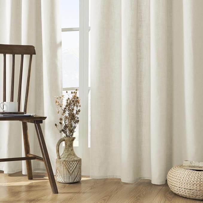 Joydeco Linen Curtains 2 Panel Set,Light Filtering, Ivory on Linen Curtains 90 Inch Curtains for Living Room, Cream Drapes 90 Inches Long Rod Pocket Back Tab Curtains (90" L x 100" W)