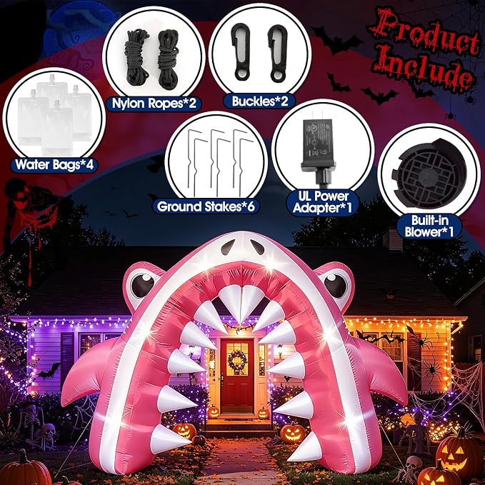 13FT Halloween Pink Shark Inflatable Arch for Yard Lawn Decor | Giant Shark Blow Up with Built-in 6 LED Lights and 1 Blower for Indoor/Outdoor Halloween Shark Birthday Party Decoration