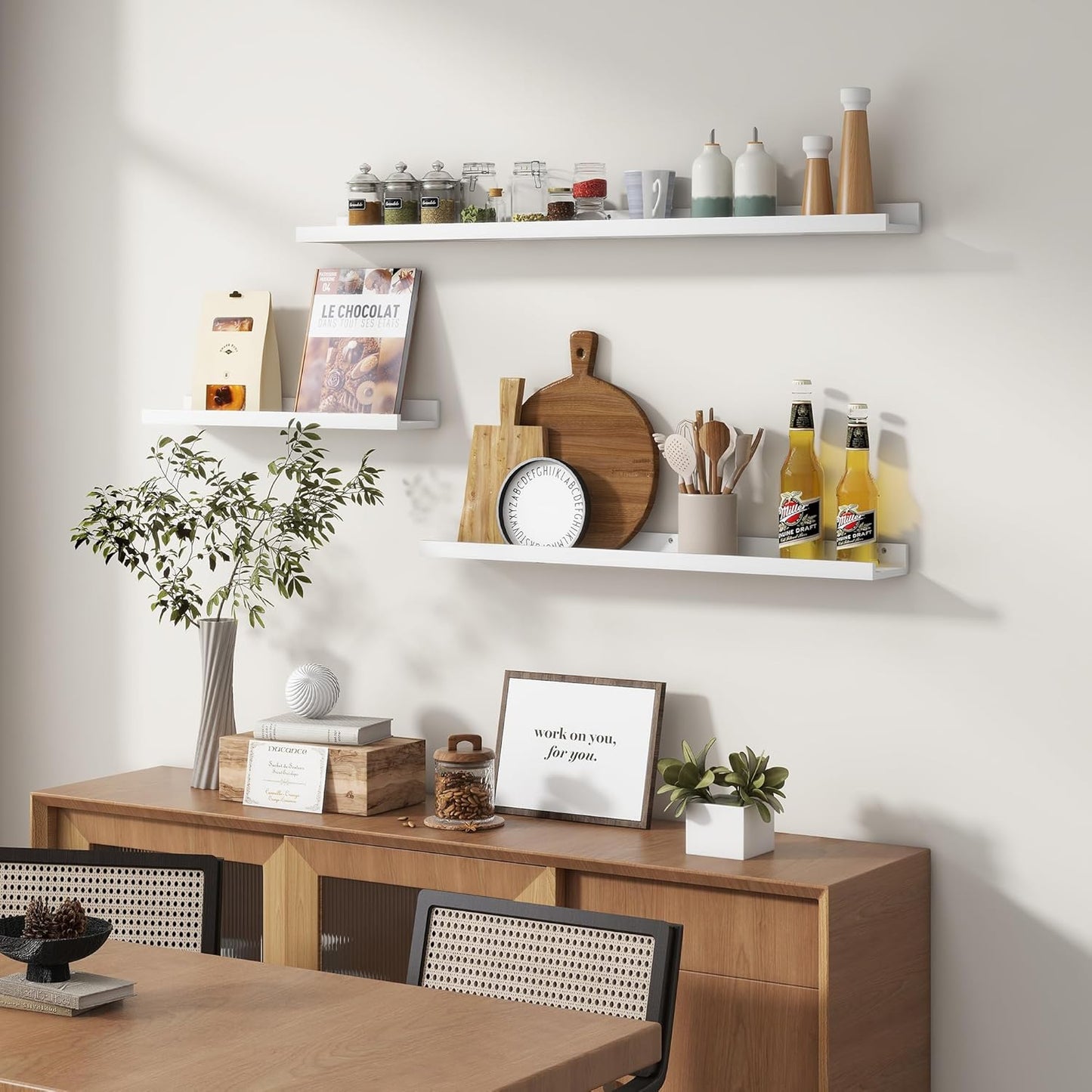 Picture Ledge Shelf for Wall, 48 inches Solid Pine Wood Nursery Book Shelves 3 Pack, Floating Ledge Shelves for Kids' Room, Bedroom, Bathroom Long Floating Shelves for Wall, White