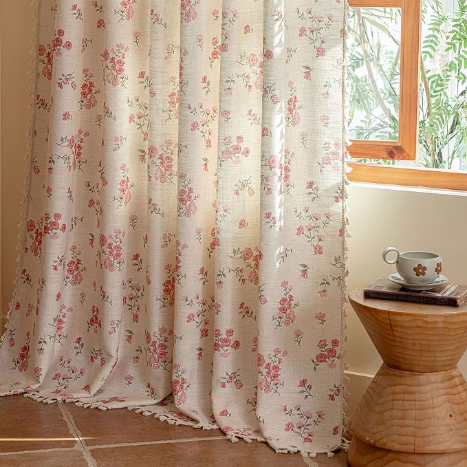 OYX Pink Boho Floral Curtains 84 Inch Long 2 panels, French Vintage Farmhouse Patterned Decor Window Drapes With Tassels, Girls Semi-Sheer Light Filtering For Bedroom Living Room (Rod Pocket, 52Wx84L)