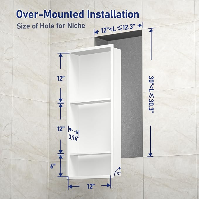 Stainless Steel Shower Niche 30" X 12" White with 3-Tiers Shelves No Tile Needed Niche Shower for Bathroom Storage Recessed Shower Shelves Over Mount Installation