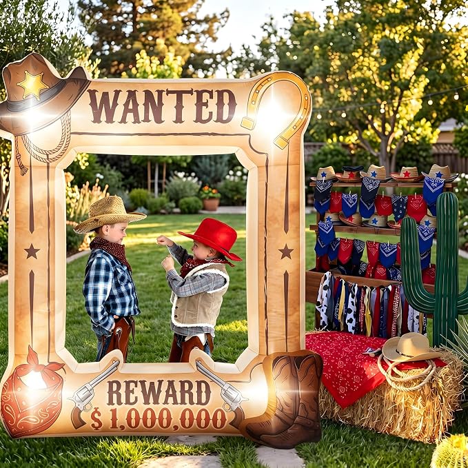 Soulchen 6 x 5 ft Western Wanted Inflatable Decoration with LED Lights and Built-in Blower Perfect for Cowboy Party Decor Western Themed Birthdays and Vintage Country Events