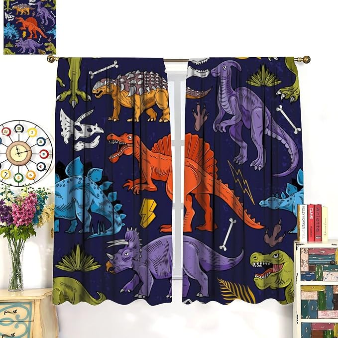Dinosaur Curtains Cartoon Dino Ancient Jungle Forest Wildlife Animal Theme Art Printed Window Drapes for Boys Girls Children Nursery Bedroom Decor Fabric Set 2 Panel 84x84 Inch 80% Shading Rate
