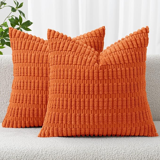 MIULEE Fall Pack of 2 Orange Corduroy Decorative Euro Sham Pillow Covers 22x22 Inch Soft Boho Striped Throw Pillow Covers Modern Farmhouse Home Decor for Sofa Living Room Couch Bed