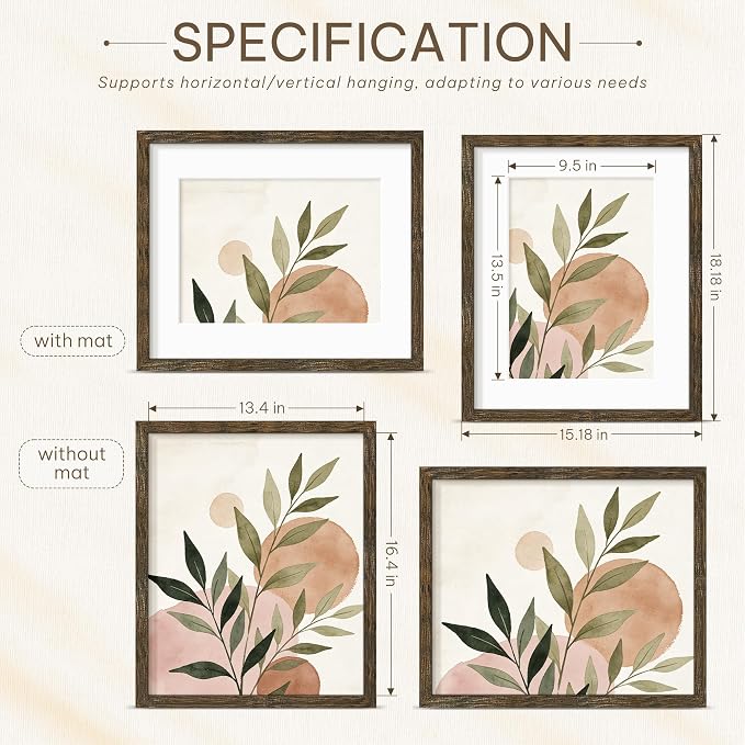 Picrit 14x17 Picture Frame 3 Pack, Wooden Brown Rustic Poster Frame, Display Poster 10 x 14 with Mat or 14 x 17 without Mat for Horizontal or Vertical Wall Mounting