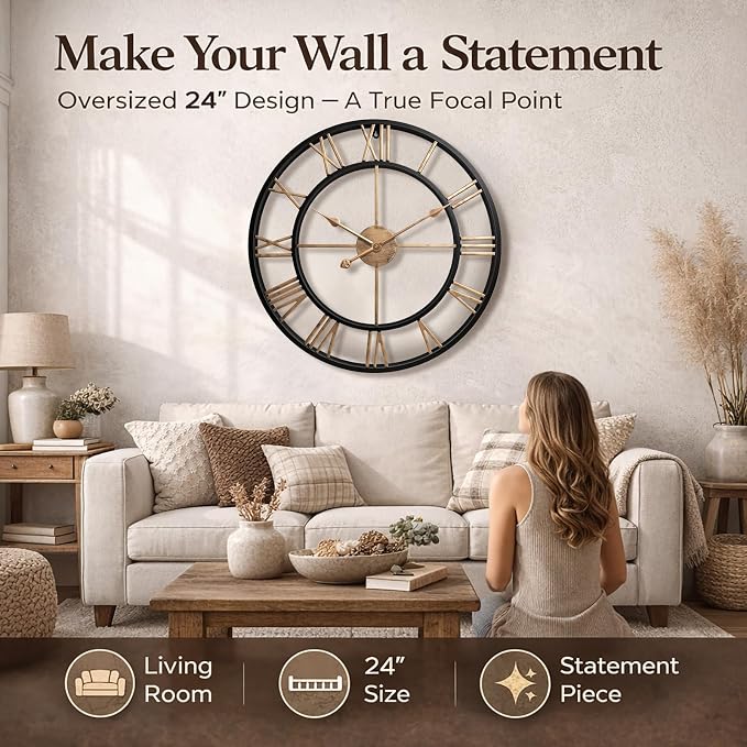 Pytha Sight 24 Inch Large Oversized Farmhouse Modern Decorative Wall Clock for Living Room,Industrial Big Vintage Gold Roman Numerals Metal Round Wall Clocks for Kitchen,Dining Room,Office