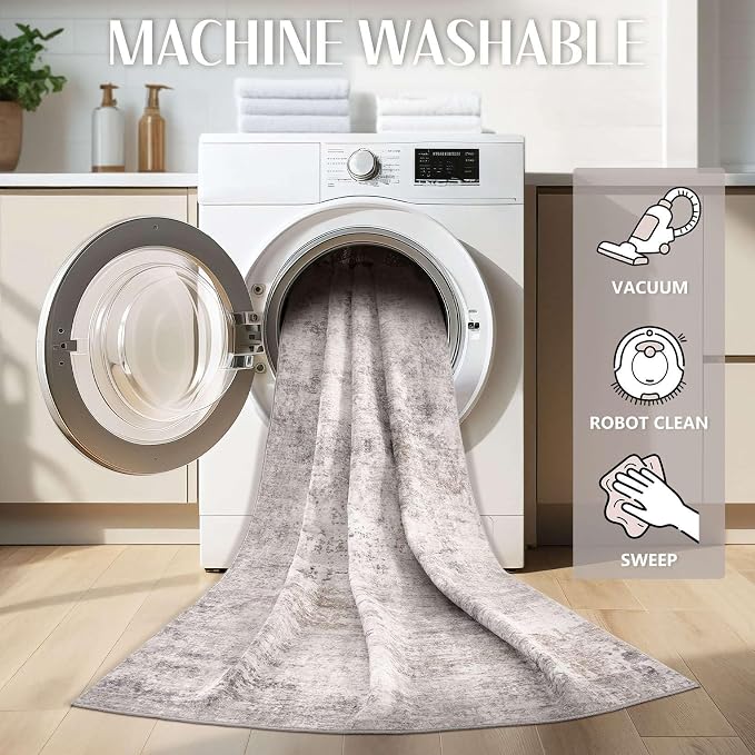 Abstract 8x11 Area Rug: Machine Washable Non Slip Ultra Thin Low-Pile Carpet, Soft Stain Resistant for Living Dining Room Bedroom, Kid Pet Friendly, Robot Vacuum Compatible - Brown Grey