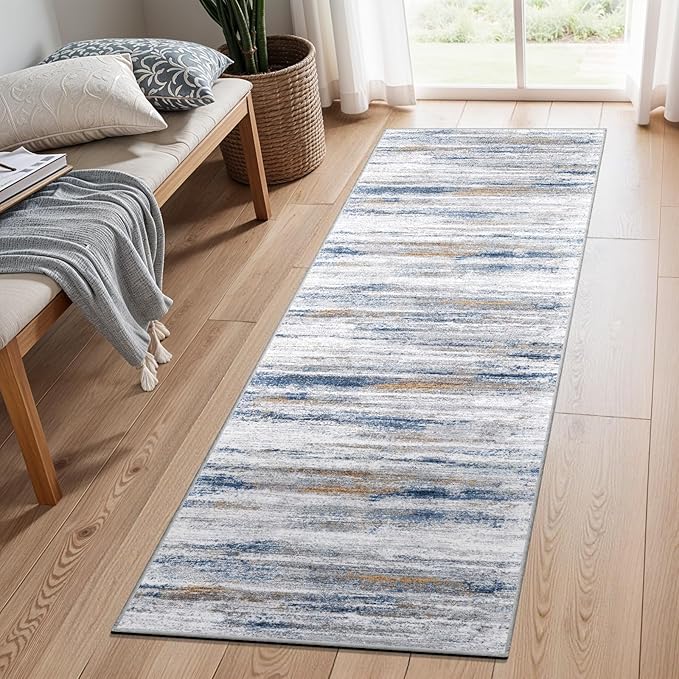 2x7 Washable Runner Rugs for Hallway: Easy-to-Clean Abstract Runners for Entryway Bedroom - Stain and Water Resistant Rugs with Non-Slip Backing - Soft Low-Pile Carpet Navy Grey