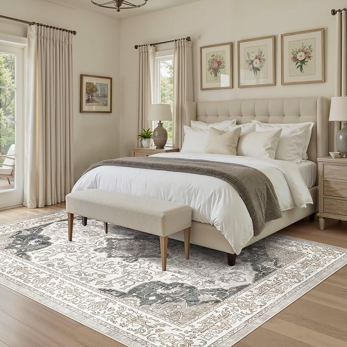 cotiled 8x10 Area Rug Machine Washable Vintage Carpet for Living Room Bedroom Soft Non-Slip Backing Floor Mat Kid & Pet Friendly Stain Resistant Light Brown