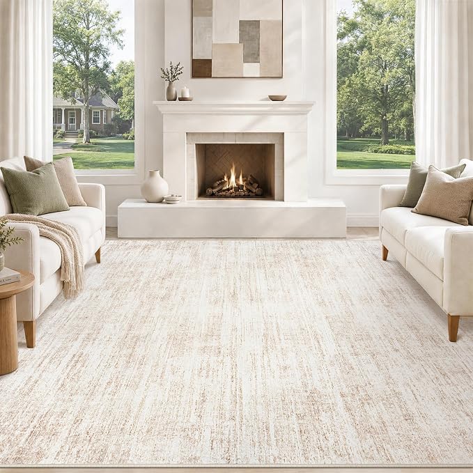 9x12 Area Rugs for Living Room Washable Rugs Neutral Abstract Large Rug Soft Modern Carpet Non-Slip Stain Resistant Low Pile Rug for Bedroom Dining Room Nursery Home Office Under Table Area Rug Beige