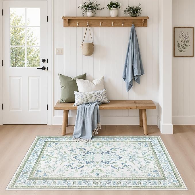 DCX Green 3x5 Rug, Kid & Pet Friendly with Rubber Back Non Slip, Machine Washable Stain Resistant Botanical Floral Rug for Bathroom, Kitchen, Soft Low Pile Small Carpet