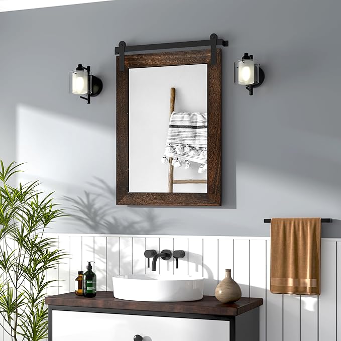 COGOOD Farmhouse Barn Door Mirror - 22" x 30" Rustic Wood Framed Wall Mirror for Bathroom, Living Room, Entryway Wall Decor (Black Brown)