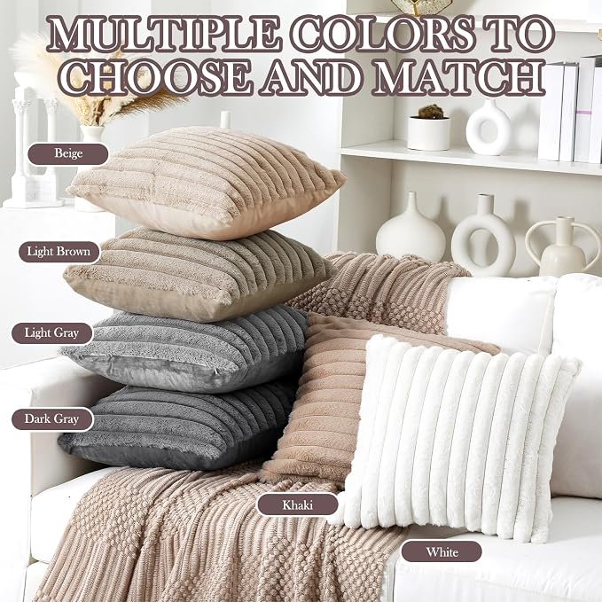 Mixweer 6 Pcs Neutral Faux Fur Plush Throw Pillow Covers 18x18 Inch Soft Fluffy Decorative Striped Pillow Covers with Velvet Back for Sofa Bed Cushion, Boho Rustic Farmhouse Modern Home Decor