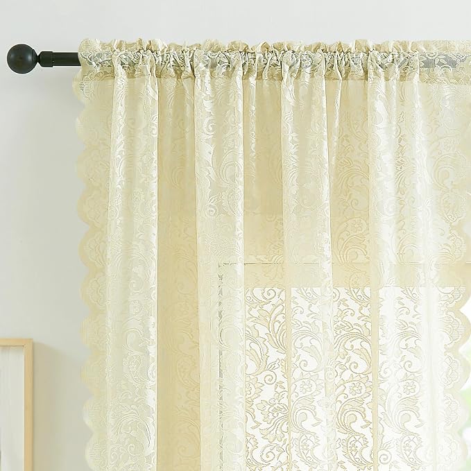 Bujasso Ivory Sheer Lace Curtains 54 inch Farmhouse Short Curtain Panels for Kitchen Living Room Bedroom Elegant Light Filtering Ivory Drapes Window Treatment Sets Grommet Top 2 Panels 54" Wx54 L