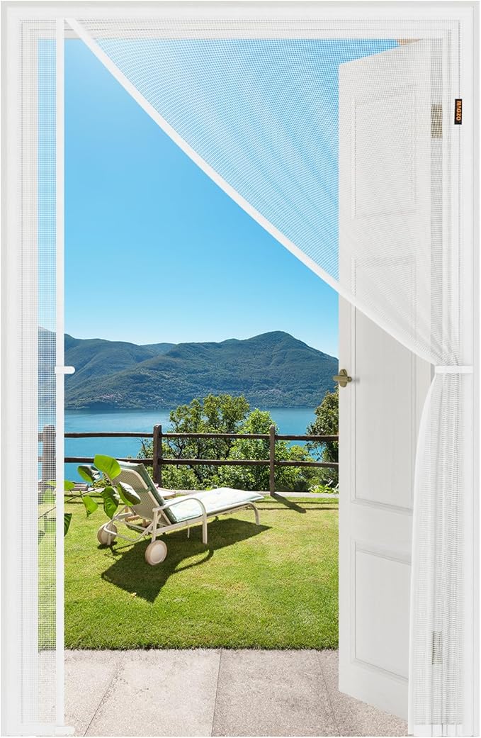 MAGZO Magnetic Screen Door, Fits 34'' x 82'' Door(Mesh Size 36'' x 83''), Left Right Side Opening, Scratch-Proof Polyester, Pet&Kids Friendly, Keep Annoying Creatures Out, with Keep Open Straps, White