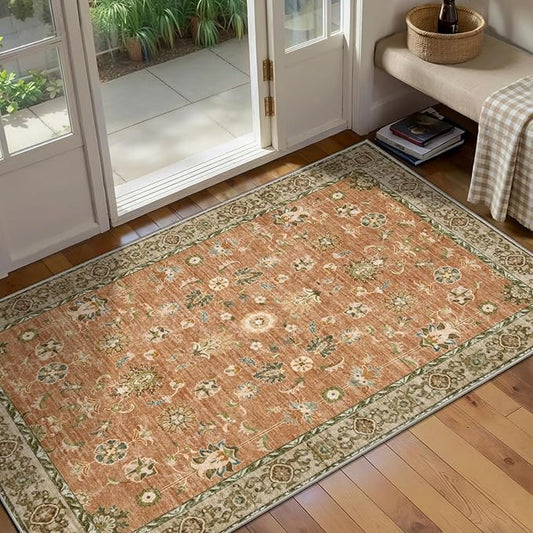 Tangsoo 2x4 Washable Rug for Entryway, Vintage Floral Entry Rug Non Slip, Indoor Front Door Small Rugs, Distressed Terracotta Door Mat Carpet, Soft Low Pile for Entrance Kitchen Bedroom Bathroom