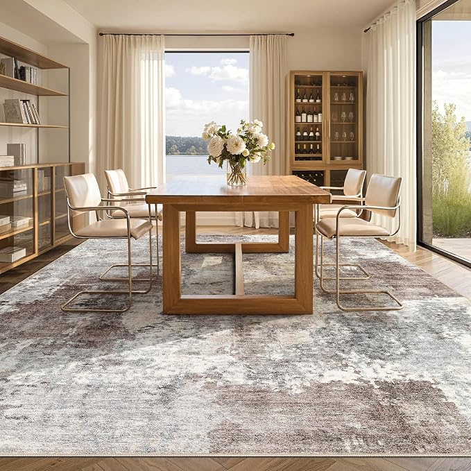 Tortania Washable 9x13 Area Rug for Living Room: Modern Abstract Neutral Large Soft Thin Rugs - Non Slip Indoor Carpet for Bedroom Dining Room Office Nursery Home Floor Decoration - Gray Brown