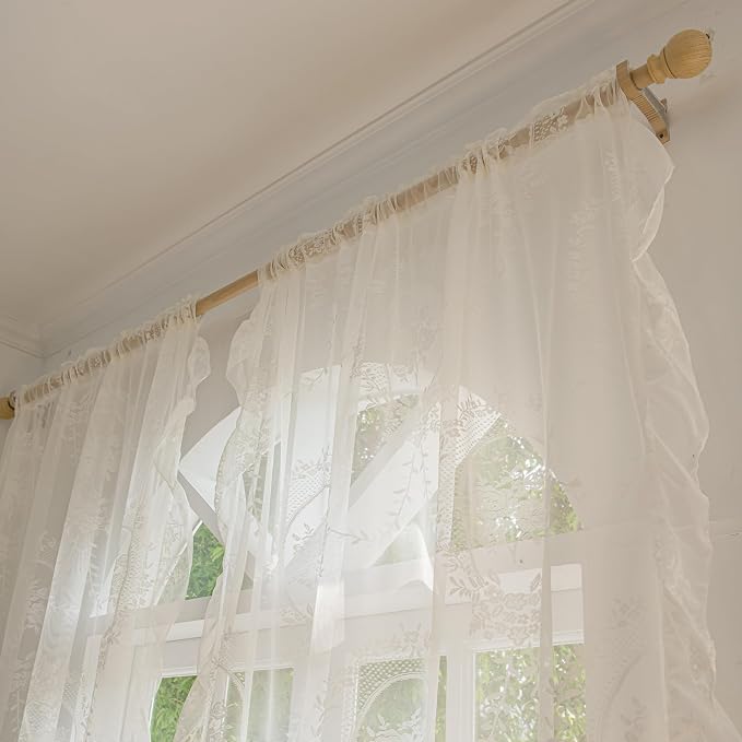Sutuo Home Ivory Lace Curtains 84 Inches Long 2 Set, Sheer Panels Rose Floral Embroidery Vintage Voile Window Treatment Pair for Bedroom Living Room, Retro Christmas Decor Rod Pocket, W57 x L84