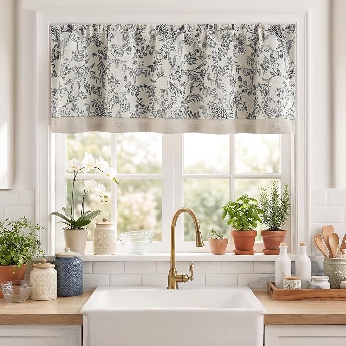 jinchan Linen Valance Curtain Farmhouse Floral Printed Small Window Curtain for Kitchen Rustic Light Filtering Valance for Living Room Bedroom Bathroom 18 Inch Rod Pocket 1 Panel Black on Beige