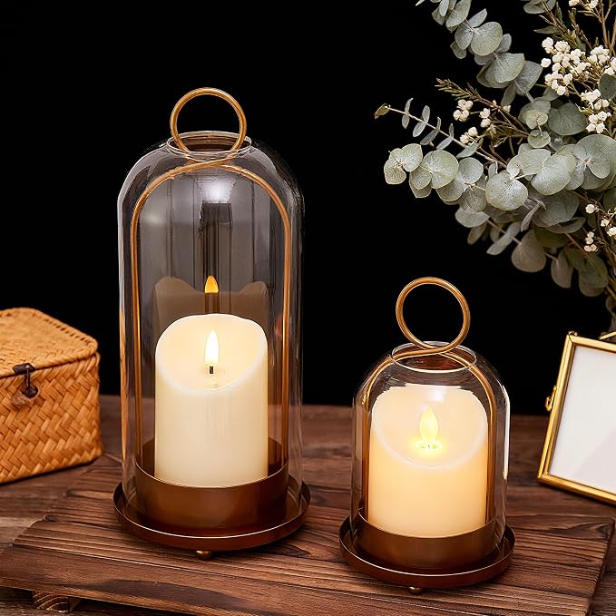 Hurricane Candle Holders Set of 2, 5" & 4" Metal and Glass Candle Lantern with Clear Dome for Pillar Candle, Wedding & Christmas Table Centerpiece, Farmhouse Home Decor (Brass, Large & Small)