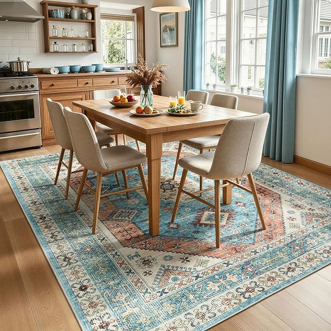 Lofus Vintage Living Room Rugs 5x7, Soft Machine Washable Area Rug for Bedroom Indoor Floor Home Office House Decor, Oriental Traditional Distressed Farmhouse Carpet, Boho Terracotta and Blue