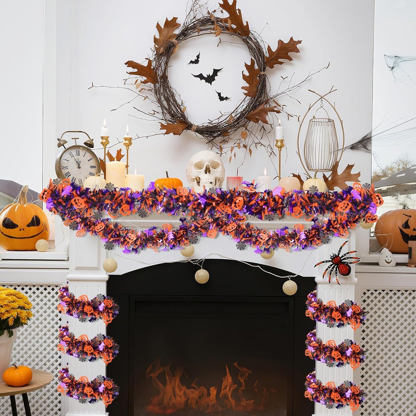 Halloween Tinsel Garland Decorations, 36.75 Ft Shiny Metallic Halloween Hanging Decorations with Pumpkin Bat Spider Web, Purple and Orange Tinsel Garland for Outdoor Indoor Home Tree Party Decor