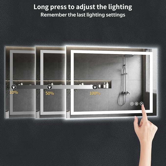 50"x24" LED Bathroom Mirror with Lights for Vanity, Anti-Fog & Dimmable 3-Color, Stepless Brightness Adjustable Wall Mounted Mirror for Bathroom Makeup Shaving