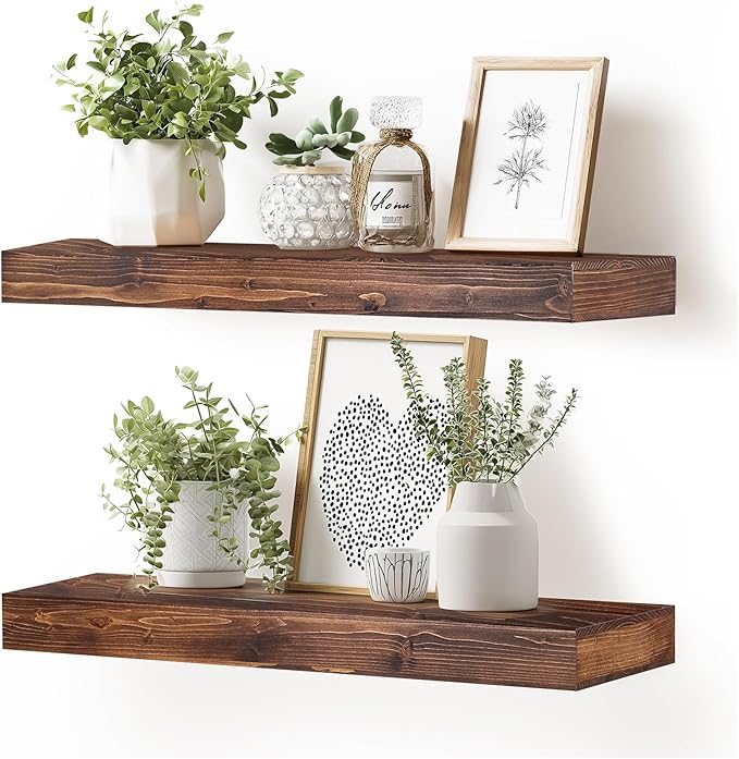 24x6.8x2 Inch Rustic Floating Shelves for Wall Set of 2 - Brown Solid Wood Wall Mounted Shelves with Invisible Bracket, Extended Design for Farmhouse Living Room Bedroom Kitchen Decor