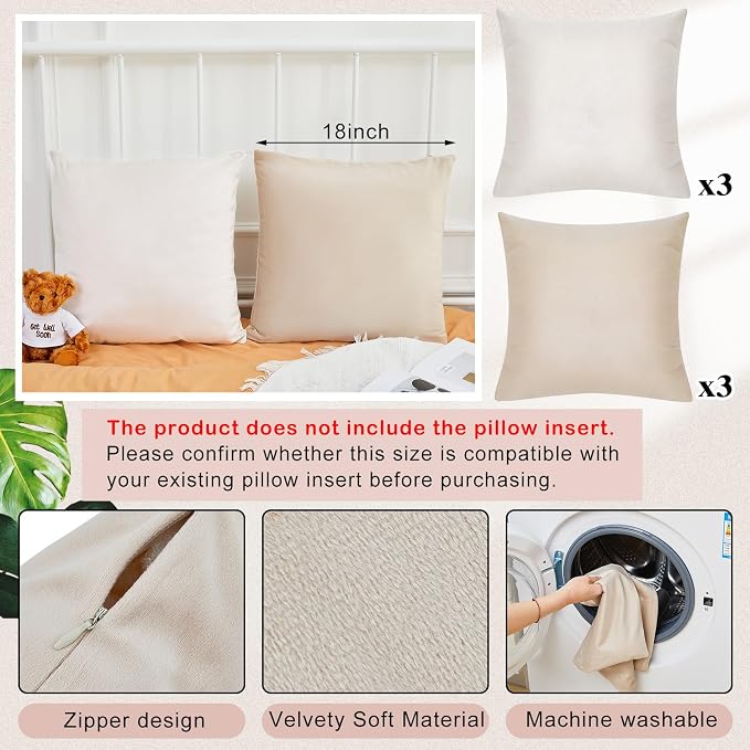 Berlune 6 Pcs Morandi Picnic Velvet Throw Pillow Covers 18" x 18" Decorative Cushion Cases Soft Pillowcase Coquette Party Accessories Picnic Couch Sofa Bed Chair Home Decor, No Inserts