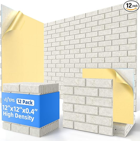 12 Pack Acoustic Panels with Self Adhesive, 12" X 12" X 0.4" High Density Sound Proof Foam Panels for Walls, Soundproof Wall Panels, Brick Sound Absorbing Panels for Home Studio Office Decor Ivory Tan