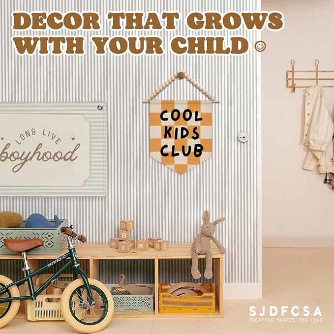 SJDFCSA Kids Playroom Wall Art Decor, Kids Room Decor, Cool Kid Club Trendy Orange Checkered Boho Wall Hanging Display Pennant Flag for Boys Girls Nursery Toddler Room Bedroom Playroom