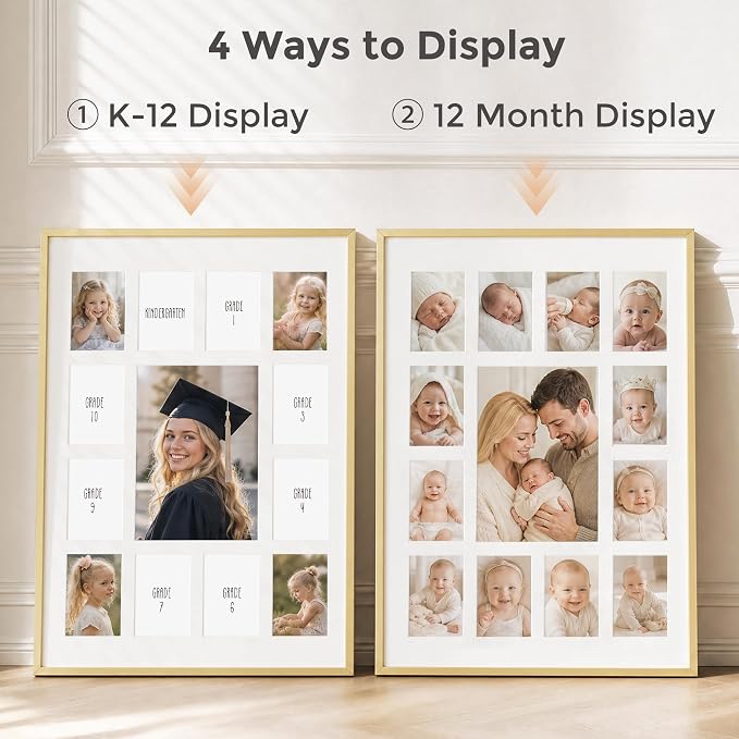 12x16 School Picture Frame K-12, Collage Frame for School Years, Gold | Elegant Gold K-12 Frame with 13 Openings: One 5x7 & Twelve 2.5x3.5 for Pre-K to 12th Grade | Wall Kit Included