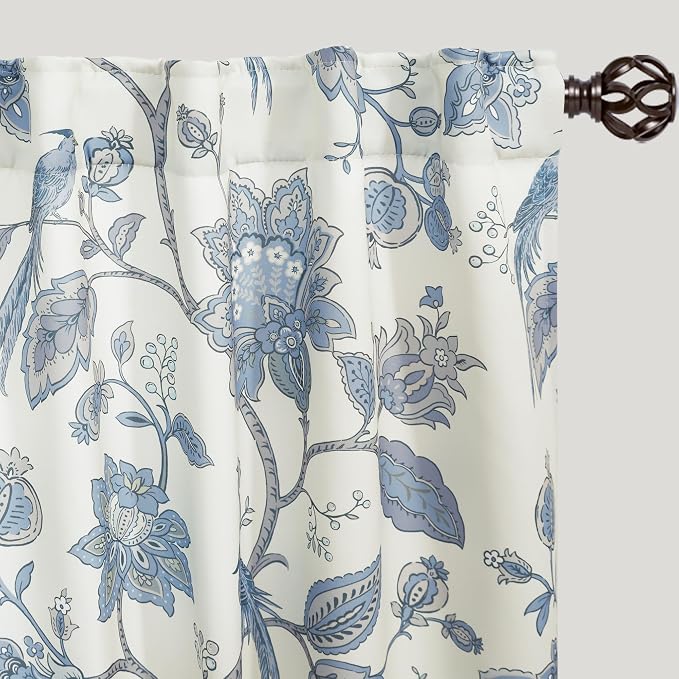 Dusty Blue Curtains 96 Inch Long 2 Panel Set,Slate Blue Grey Floral Patterned Semi Blackout Pastel Curtains for Bedroom Living Room