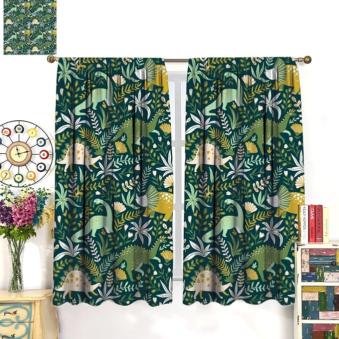 YCness Tropical Dinosaur Curtains for Boys Girls Children Nursery Playroom Room Decor Cute Cartoon Dino Flowers Art Printed Window Drapes Decor Fabric Set 2 Panel 52x84 Inch 80% Shading Rate
