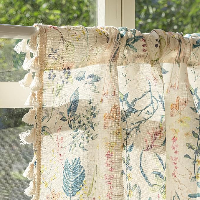 Deeprove Blue Boho Kitchen Valance Printed for Bedroom Living Room Cafe Botanical Florals Curtain with Tassel Vintage Bohemian Retro Window Small Short Treatment Light Filtering 1 Panel 52W x 18L