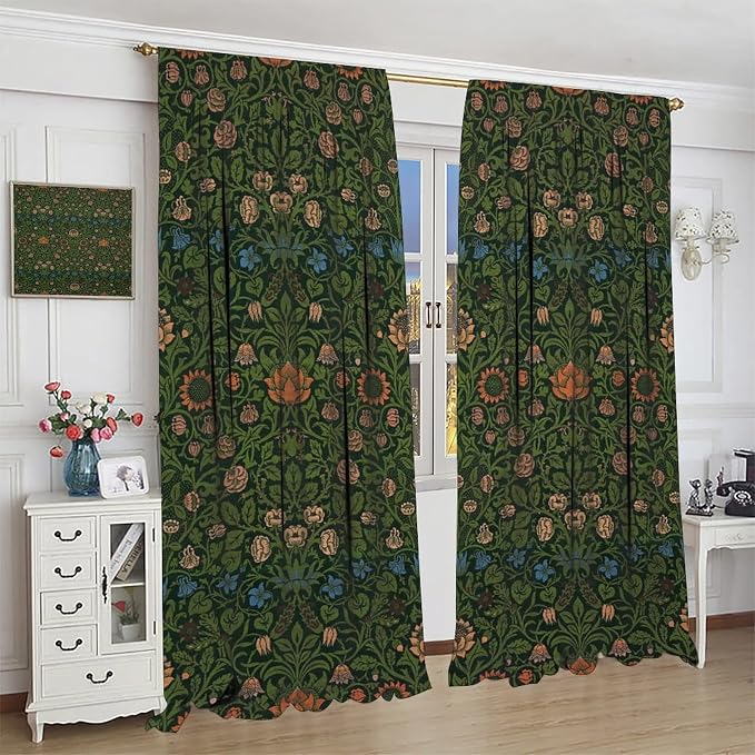 Bohemia Plant Flowers Pattern Blackout Window Curtains, William Morris Art Print Vintage Decor Curtains, for Living Room Bedroom 27.5(W)*63(L) 2 Panels