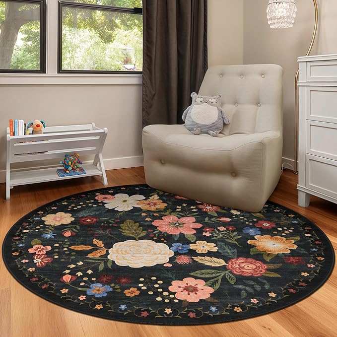 4ft Round Machine Washable Area Rug for Living Room, Black Green Vintage Boho Floral Rug Non-Slip Low Pile Soft Faux Wool Carpet Kids and Pets Friendly for Bedroom Nursery Farmhouse Home Decor Rug
