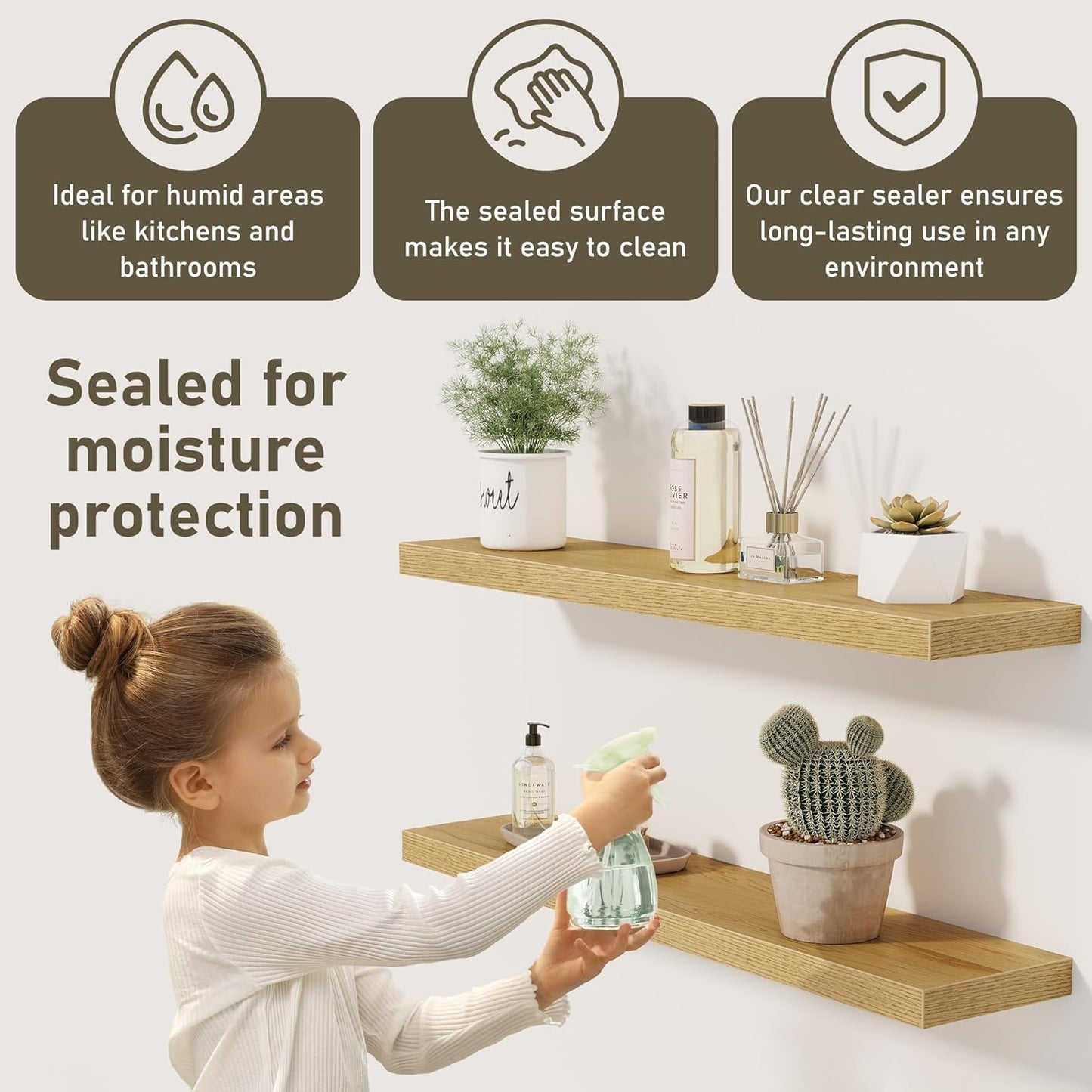 Floating Shelves Wall Shelf 30 Inch Long, Rustic Wood Bathroom Shelves 30 Inch, Farmhouse Home Decor Kitchen Living Room Bedroom Shelves Wall Mounted, 30 x 6.7 x 1.4 Inch, Set of 3, Oak Color