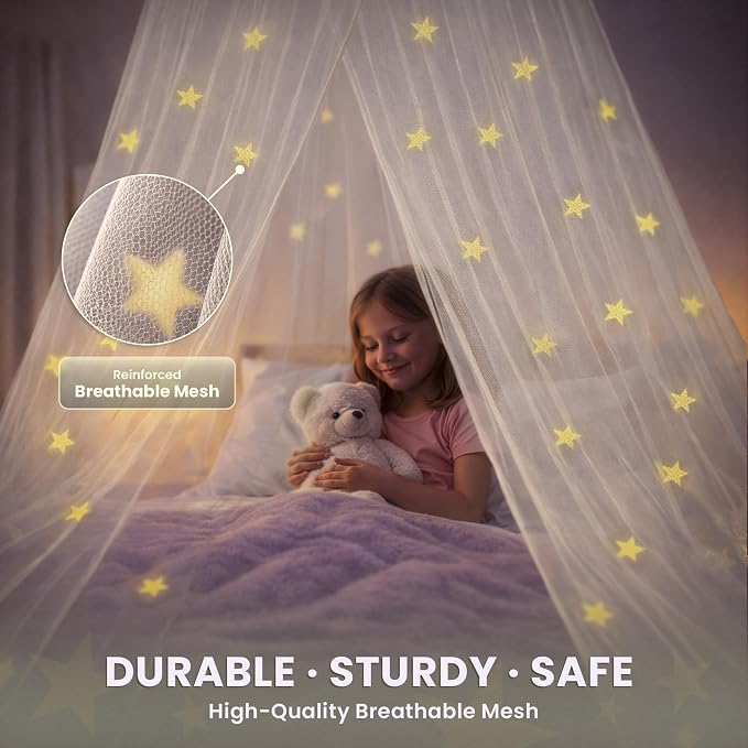 Bollepo Bed Canopy for Girls Bed with Glowing Stars - Princess Room Decor, Ceiling Net to Cover Toddler | Full, Twin Size Kids Bed, Fire Retardant Fabric (White - Stars)
